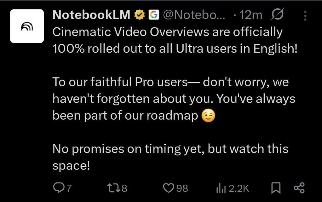 NotebookLM et Cinematic Video Overviews : guide pratique pour les entreprises en 2026 2 Interface X en direct de NotebookLM annonçant la sortie deCinematic Video Overviews