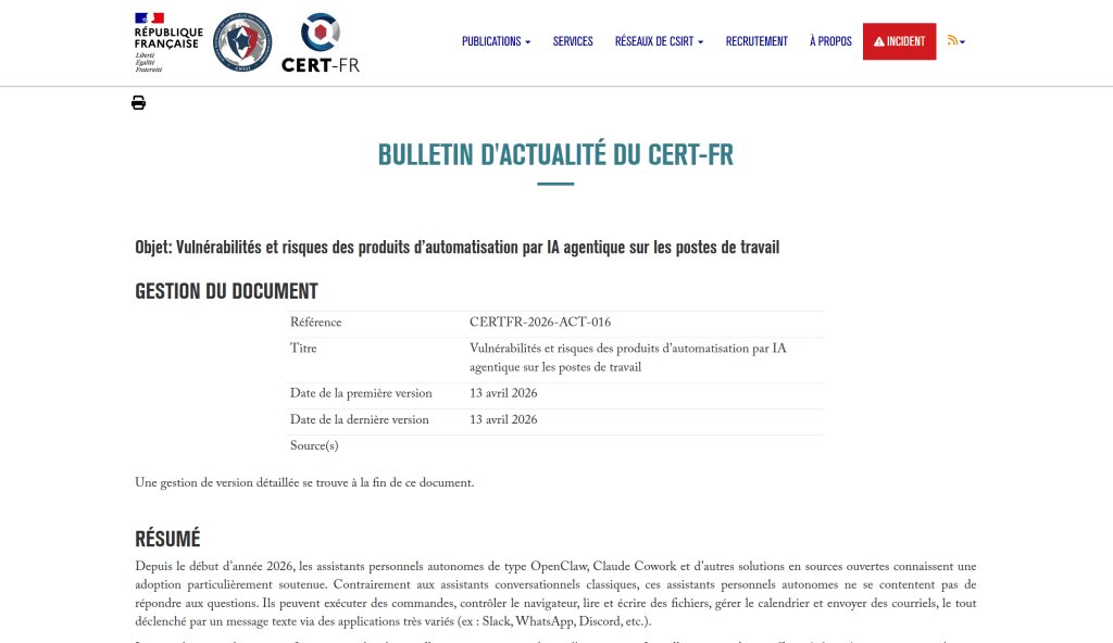 Bulletin officiel du CERT-FR alertant sur les risques des agents IA autonomes en entreprise