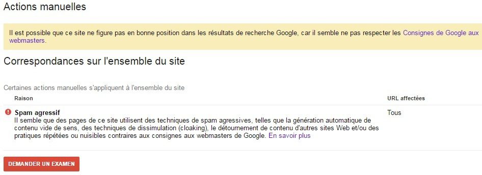 Capture d'écran d'une notification d'action manuelle dans la Google Search Console