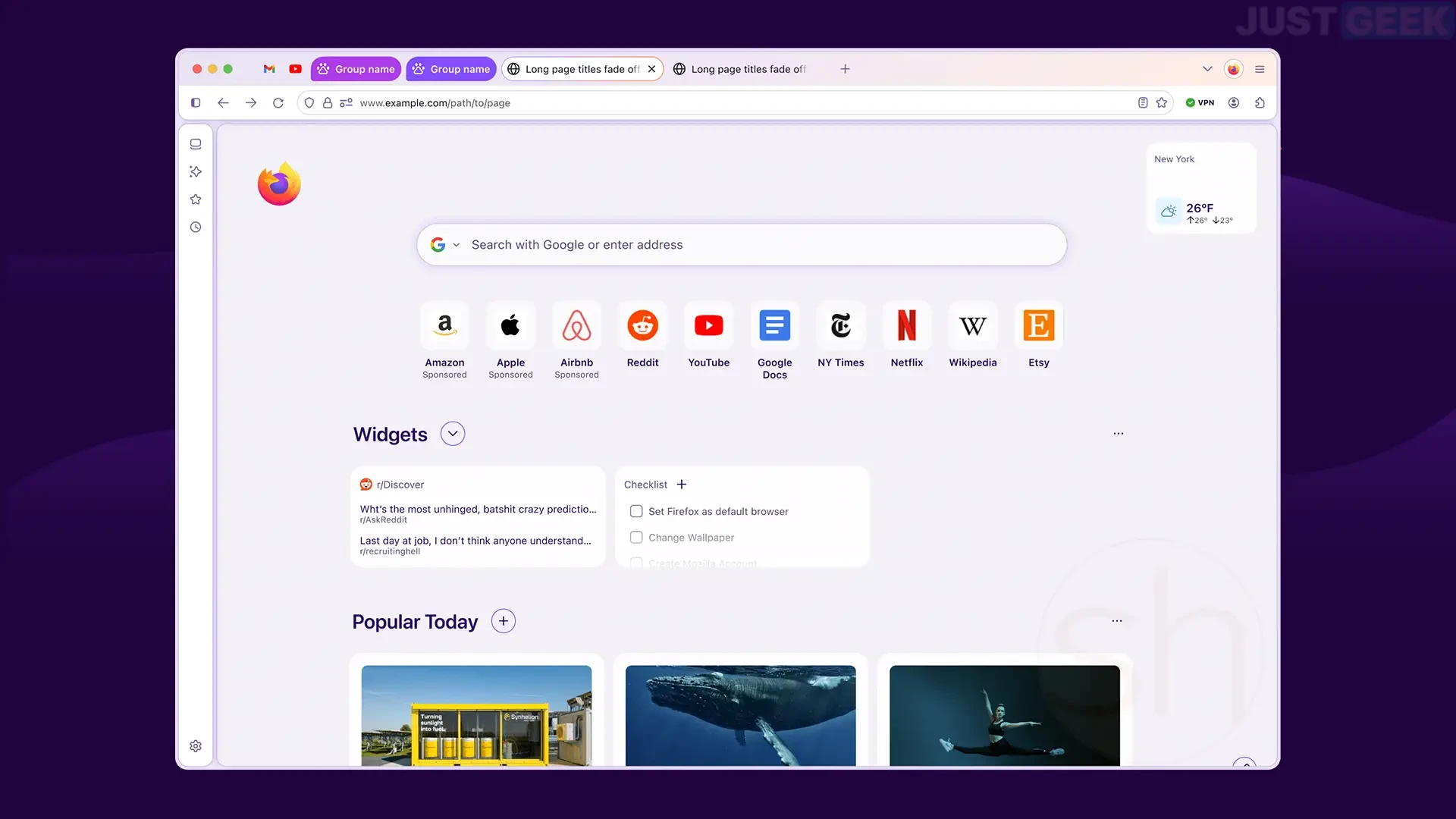 Interface Firefox Project Nova avec nouvelle palette violet et halo lumineux
