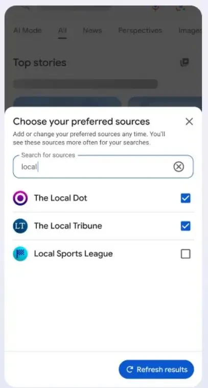 Interface Google permettant de sélectionner ses sources préférées pour les Top Stories