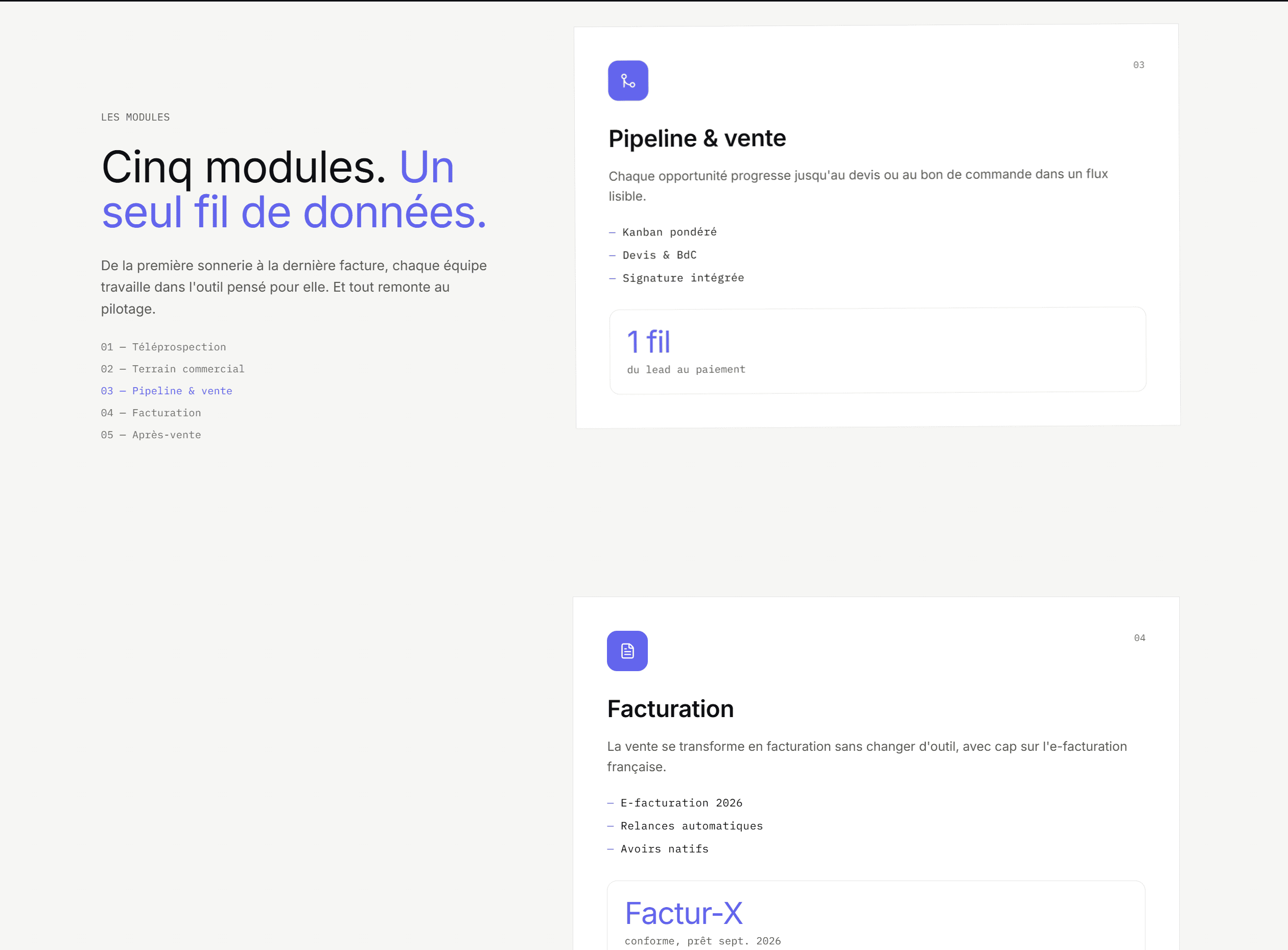Développement CRM sur mesure : 
Cinq modules. Un seul fil de données.
De la première sonnerie à la dernière facture, chaque équipe travaille dans l'outil pensé pour elle. Et tout remonte au pilotage.

01 — Téléprospection
02 — Terrain commercial
03 — Pipeline & vente
04 — Facturation
05 — Après-vente